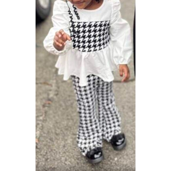 Girl's houndstooth print puff sleeves peplum top flare legs pants set size 4T - Picture 11 of 13